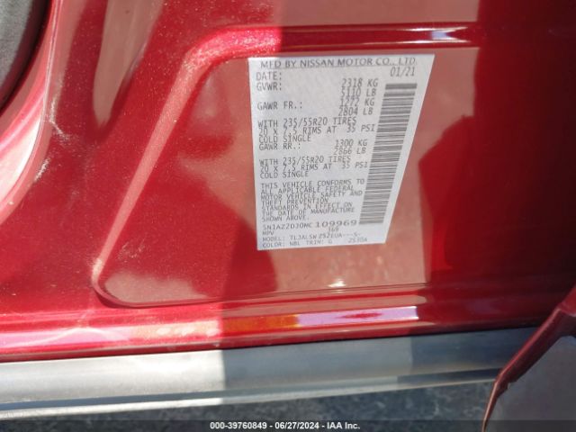 5N1AZ2DJ0MC109969 Nissan Murano Platinum Fwd