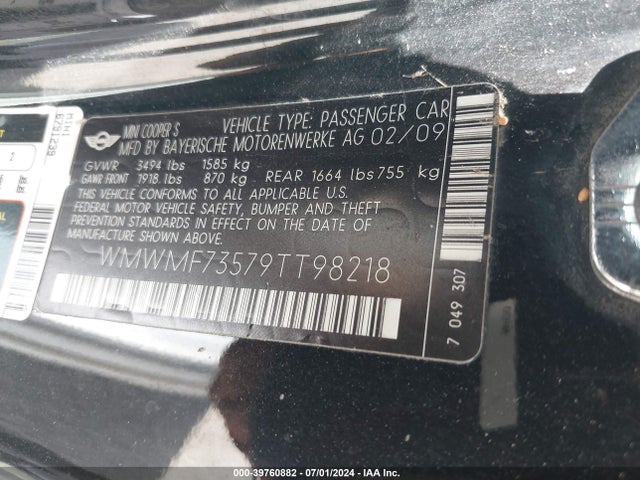 2009 MINI COOPER S WMWMF73579TT98218 Photo 8