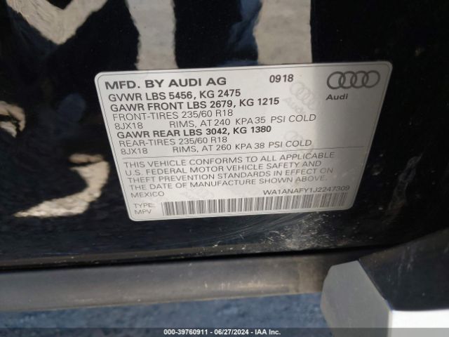 WA1ANAFY1J2247309 Audi Q5 2.0t Premium/2.0t Tech Premium