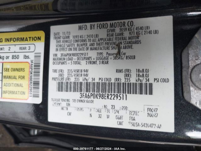 3FA6P0K98ER229511 Ford Fusion Titanium