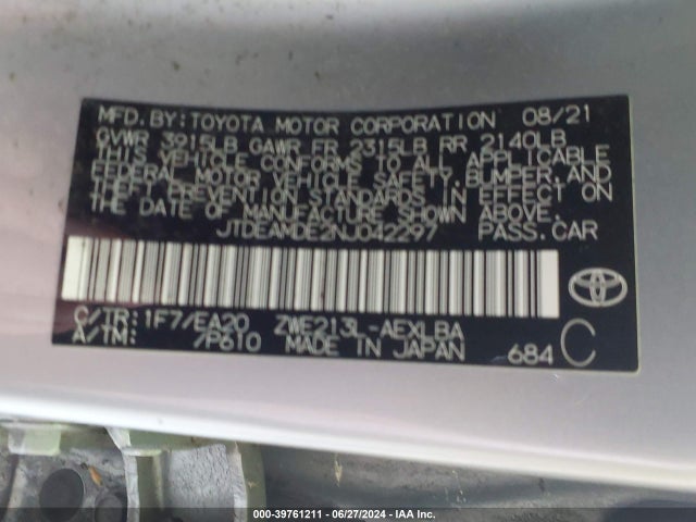 JTDEAMDE2NJ042297 Toyota Corolla Hybrid Le