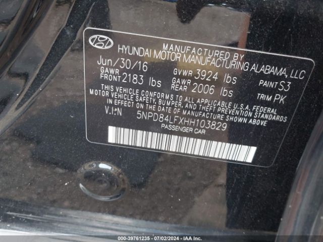 5NPD84LFXHH103829 Hyundai Elantra Limited