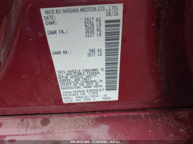 Nissan Altima 2.5 S 2016 1N4AL3AP6GN390937 Image 9