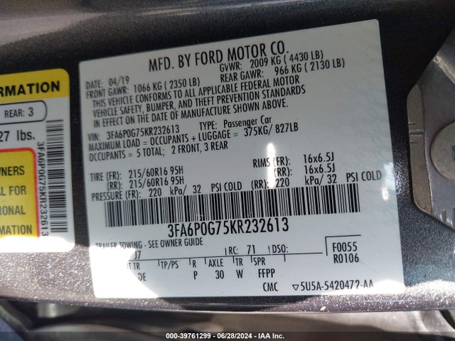 Ford FUSION S 2019 3FA6P0G75KR232613 Image 9