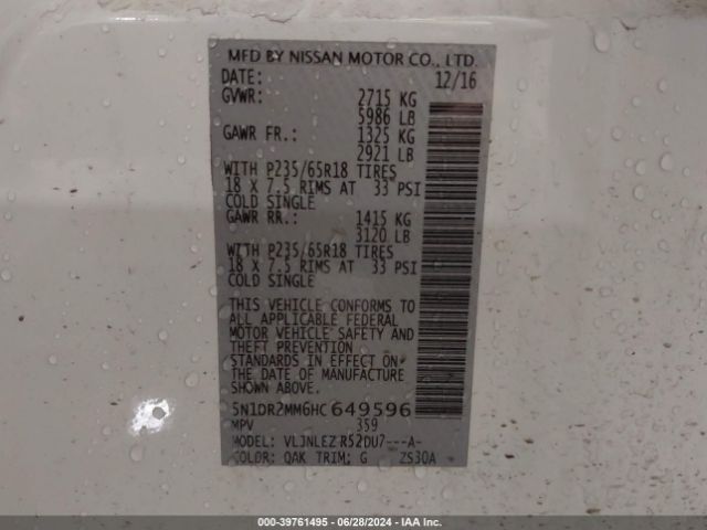 5N1DR2MM6HC649596 Nissan Pathfinder Sv