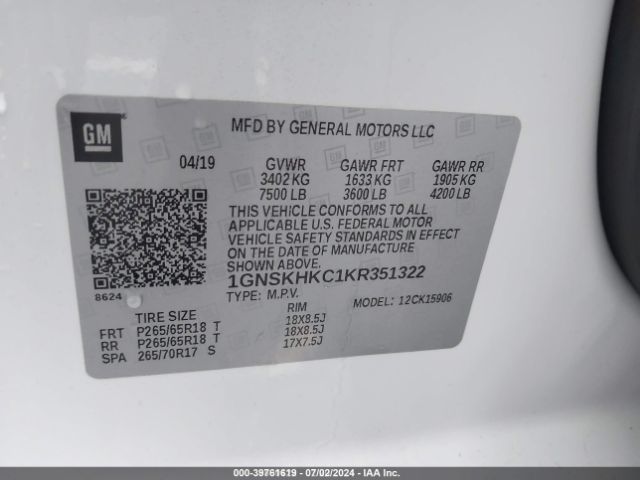 1GNSKHKC1KR351322 Chevrolet Suburban Lt