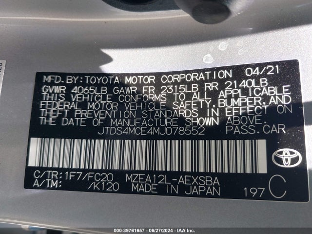 Toyota COROLLA SE 2021 JTDS4MCE4MJ078552 Image 9