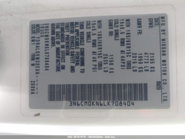 3N6CM0KN6LK708404 Nissan Nv200 Compact Cargo S Xtronic Cvt