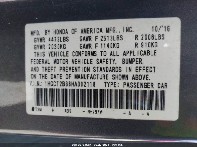 1HGCT2B86HA002118 Honda Accord Ex-l V6