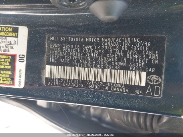 2T1BURHE0KC189498 Toyota COROLLA LE