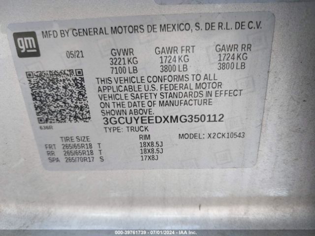 3GCUYEEDXMG350112 Chevrolet Silverado 1500 4wd  Short Bed Rst