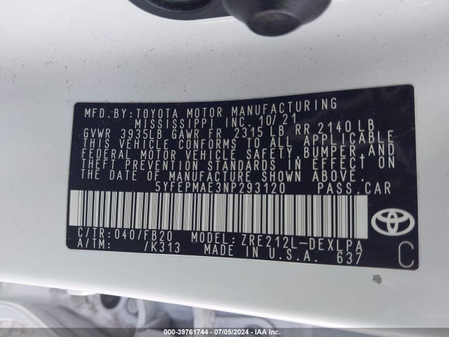 Toyota COROLLA LE 2022 5YFEPMAE3NP293120 Image 9