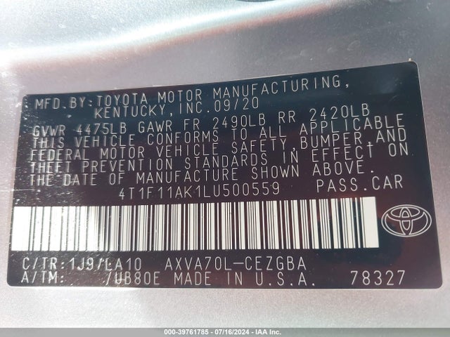 Toyota CAMRY XLE 2020 4T1F11AK1LU500559 Image 9