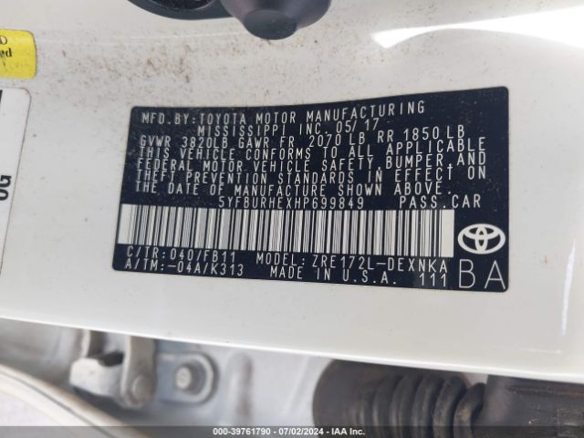 5YFBURHEXHP699849 Toyota COROLLA LE