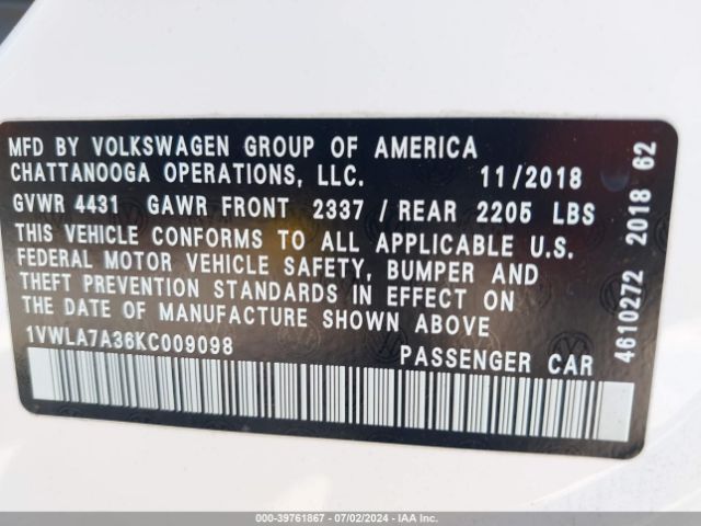 1VWLA7A36KC009098 Volkswagen Passat 2.0t Wolfsburg Edition