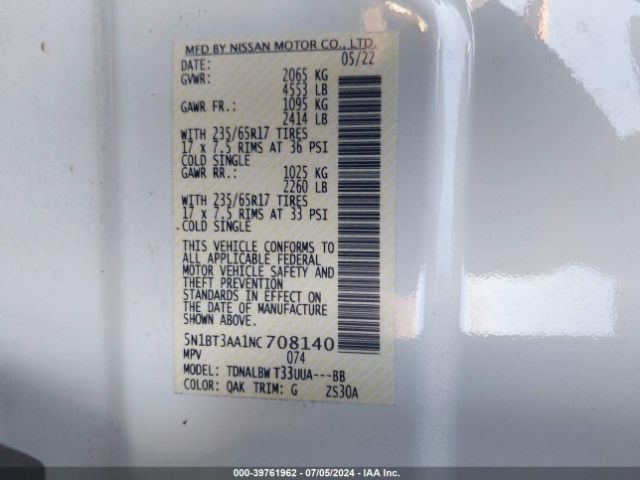 5N1BT3AA1NC708140 Nissan Rogue S Fwd