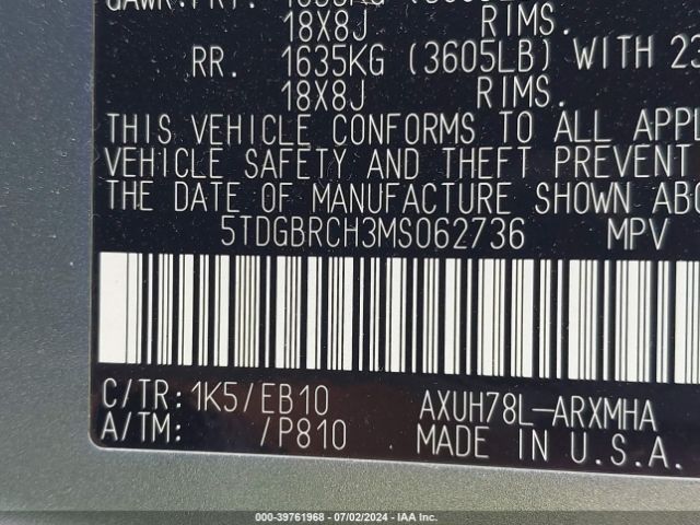5TDGBRCH3MS062736 Toyota Highlander Hybrid Xle