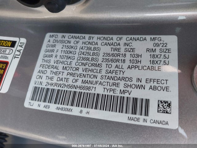 Honda Cr-v Awd Ex 2022 2HKRW2H56NH669871 Image 9