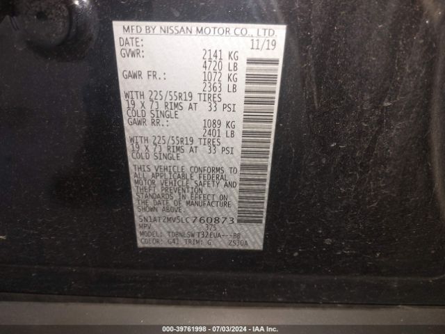 5N1AT2MV5LC760873 Nissan Rogue Sl Intelligent Awd