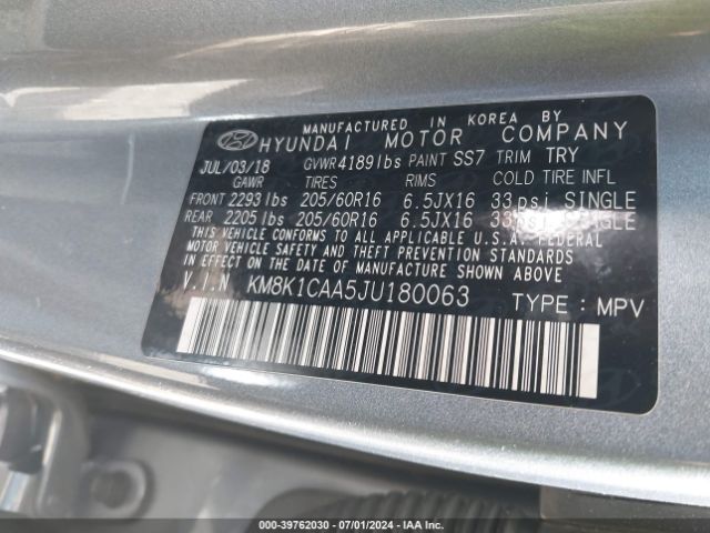 KM8K1CAA5JU180063 Hyundai Kona Se