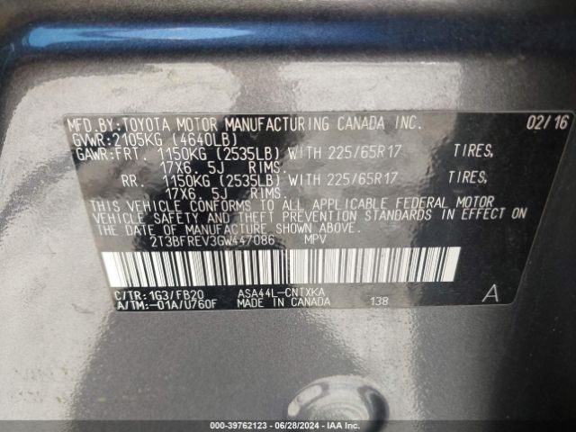 2T3BFREV3GW447086 Toyota RAV4 LE