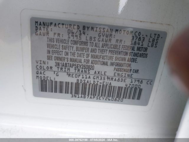 3N1AB7AP5EY260820 Nissan Sentra Fe+ S/fe+ Sv/s/sl/sr/sv
