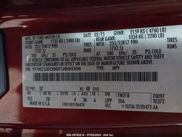 Ford ESCAPE SE 2015 1FMCU0G96FUB60306 Image 9
