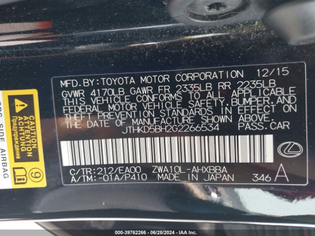 JTHKD5BH2G2266534 Lexus CT 200H