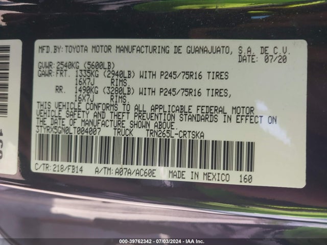 Toyota Tacoma Sr 2020 3TYRX5GN0LT004007 Image 9