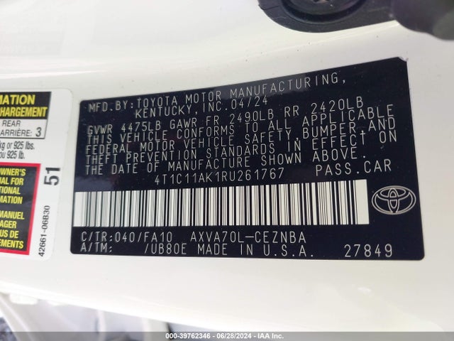 Toyota CAMRY LE 2024 4T1C11AK1RU261767 Image 9