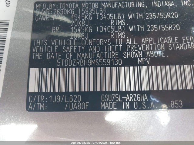 Toyota Highlander Limited 2021 5TDDZRBH9MS559130 Image 9