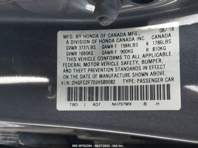 2HGFC2F70JH589082 Honda CIVIC EX