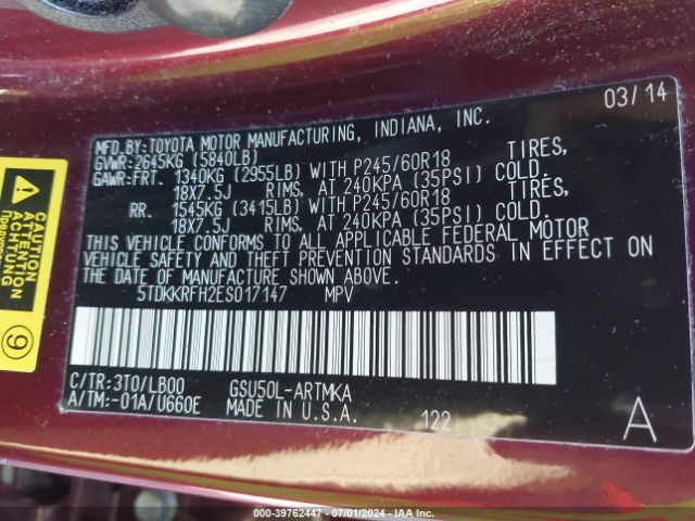 5TDKKRFH2ES017147 Toyota Highlander Xle V6
