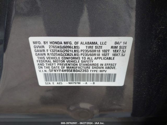 5FNYF4H95EB042393 Honda Pilot Touring