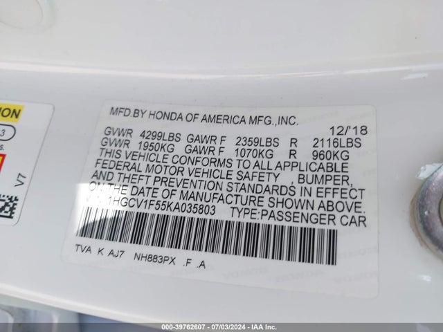 Honda Accord Ex-l 2019 1HGCV1F55KA035803 Image 9
