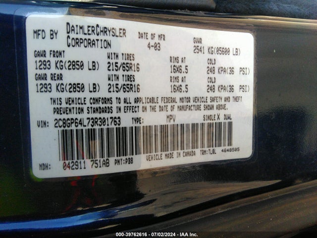 2003 CHRYSLER TOWN & COUNTRY 2C8GP64L73R301763 Photo 8