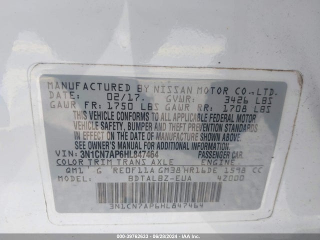 Nissan Versa 1.6 Sv 2017 3N1CN7AP6HL847464 Image 9