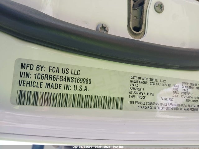 1C6RR6FG4NS169980 RAM 1500 Classic Tradesman Quad Cab 4x2 6'4 Box