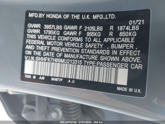 SHHFK7H69MU213315 Honda CIVIC EX
