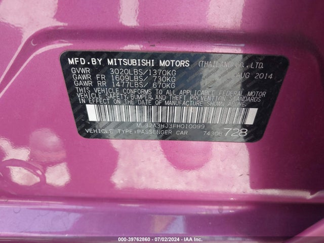 ML32A3HJ3FH010099 Mitsubishi Mirage De/rf