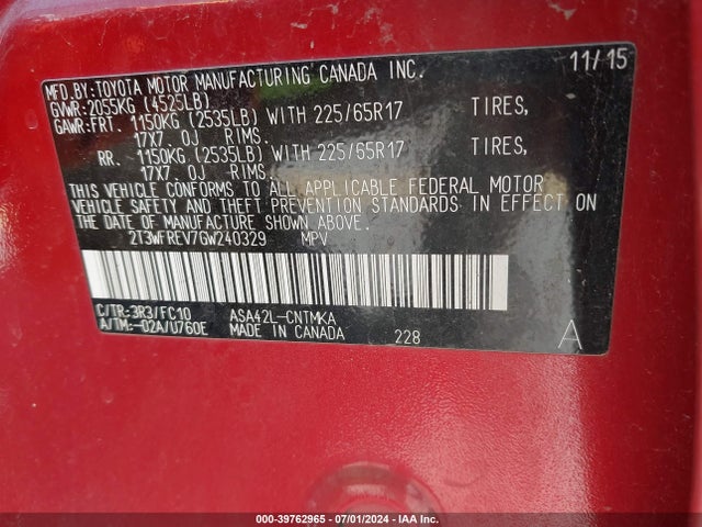 Toyota Rav4 Xle 2016 2T3WFREV7GW240329 Image 9