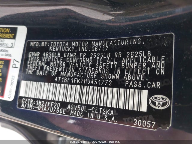 Auction sale of the 2017 Toyota Camry Se, vin: 4T1BF1FK7HU451772, lot number: 39763035