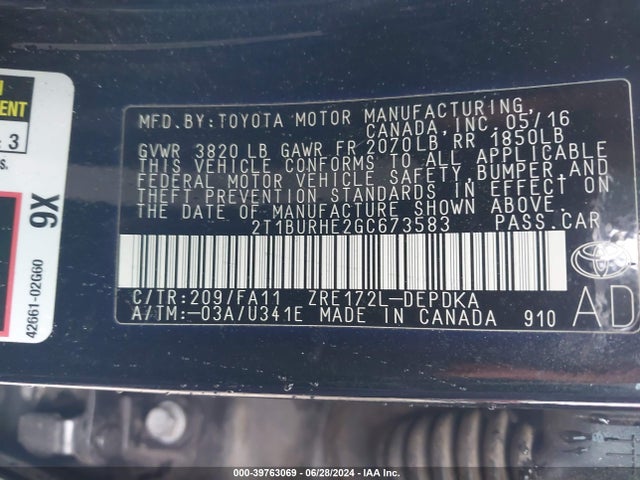 Toyota COROLLA L 2016 2T1BURHE2GC673583 Image 9