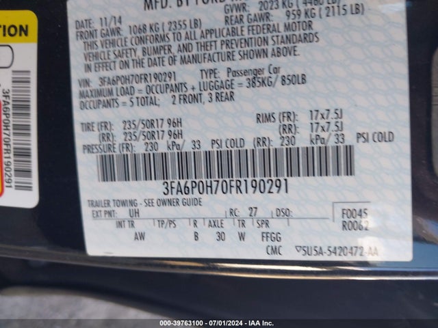 Ford FUSION SE 2015 3FA6P0H70FR190291 Image 9