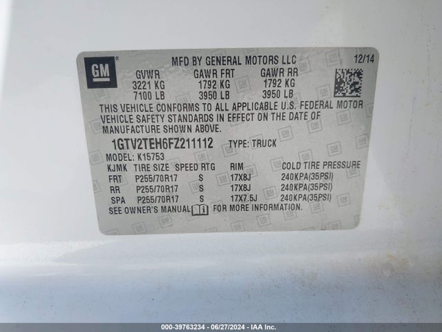 39763234 :رقم المزاد ، 1GTV2TEH6FZ211112 vin ، 2015 Gmc Sierra 1500 مزاد بيع