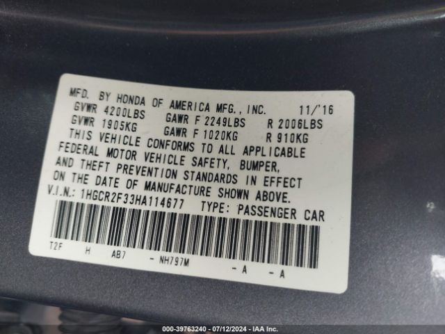 1HGCR2F33HA114677 Honda ACCORD LX