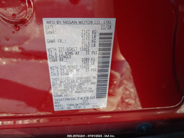 Nissan ROGUE SV 2019 5N1AT2MV1KC747830 Image 9