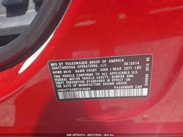 1VWAT7A38FC014424 Volkswagen Passat 1.8t Wolfsburg Edition