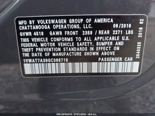 1VWAT7A39GC068719 Volkswagen Passat 1.8t R-line