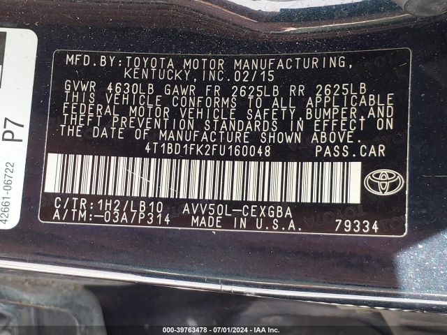 4T1BD1FK2FU160048 Toyota Camry Hybrid Xle